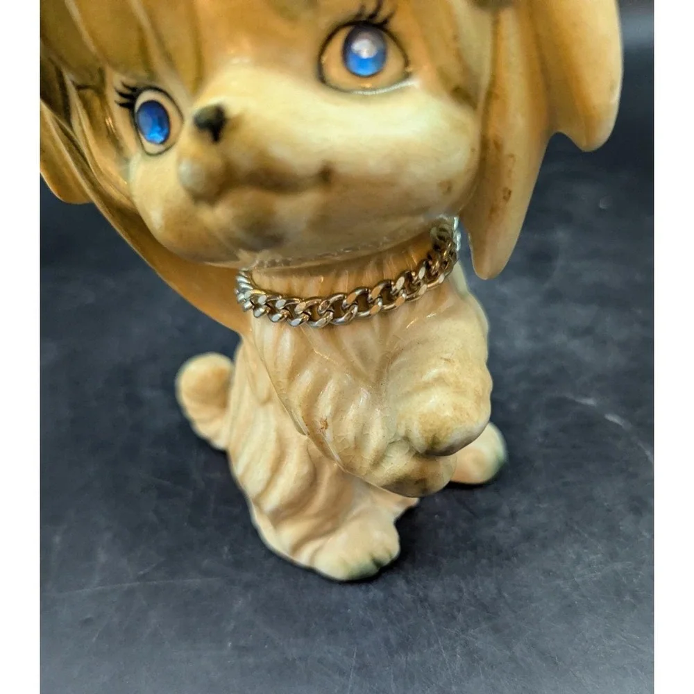 Vintage Whimsical LEGO Ceramic Dog with Rhinestone Eyes Coin Bank Mid Century